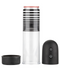 A sleek, modern CalExotics Rechargeable EZ™ Penis Pump Kit with a transparent blending cup, a black lid, and a black base with a power button displayed disassembled on a white background.