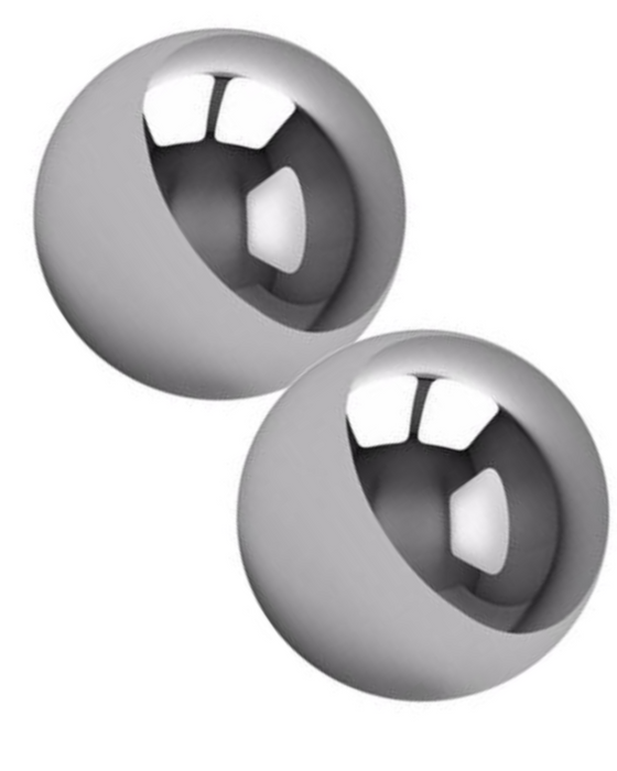 Two Sex & Mischief Steel Kegel Balls with concave centers and a smaller spherical shape inside each, reflecting light and casting shadows, giving a 3D effect. (Sportsheets)