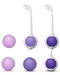 Three-dimensional representation of a pair of Blush Wellness Kegel Ball Training Kit for Pelvic Floor Health earbuds and their corresponding spherical charging case shown in separate components and assembled, designed to support a pelvic floor strengthening exercise routine.
