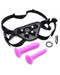 Double-G Deluxe Vibrating Silicone Strap-On Kit - Pink showing the harness and 2 dildos plus bullet