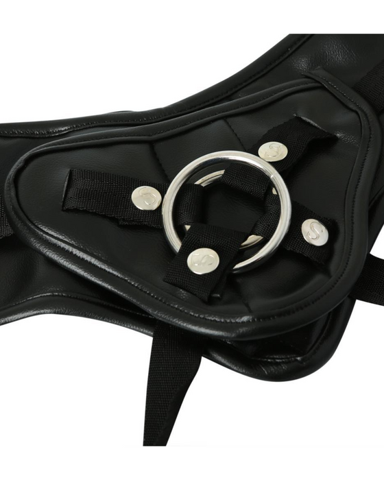 Plus Size Black Vegan Leather Corsette Style Strap-On Harness close up of the rings