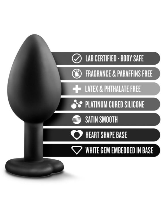 Temptasia Bling Small Silicone Butt Plug by Blush - Black with a list of features