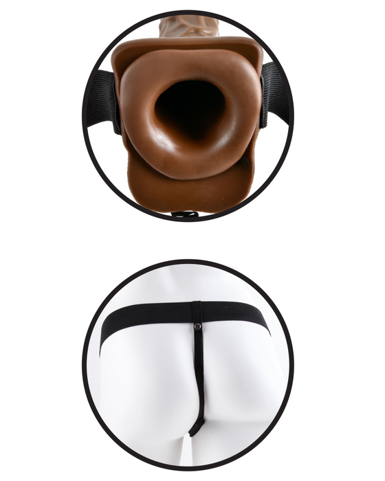 Fetish Fantasy 7 Inch Vibrating Hollow Strap-On with Balls - Chocolate showing the back harness strap and the dildo entrance