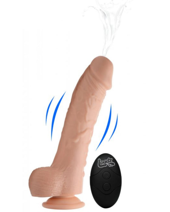 Loadz 7 Inch Vibrating Squirting Dildo with Wireless Remote Control - Vanilla showing the squirting and vibrating functions