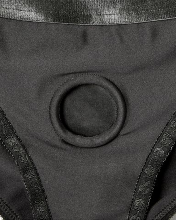 Em. Ex. Silhouette (Crotchless) Strap-On Harness Brief - Black - Small to XXXL close up of the o ring
