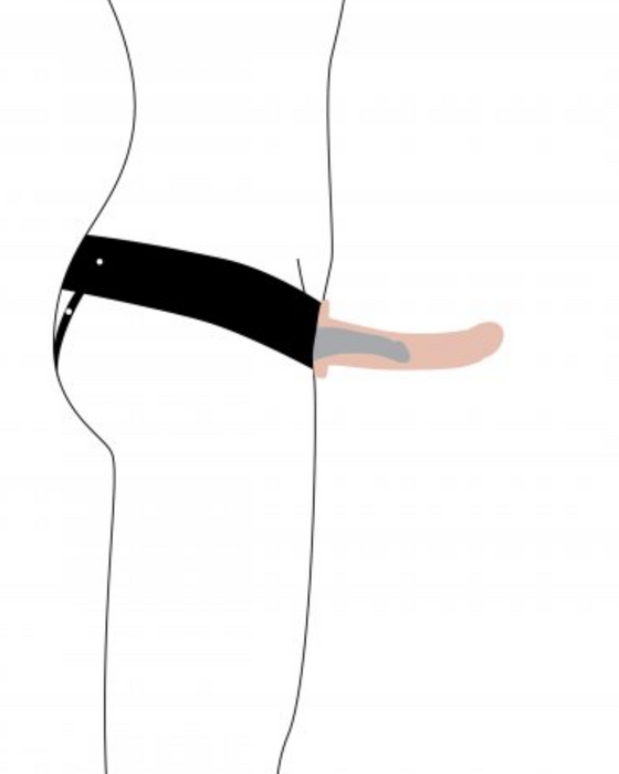 Erection Assist Hollow 6 Inch Strap-On Harness Set - Vanilla side view drawing of the harness worn with a penis inside the shaft