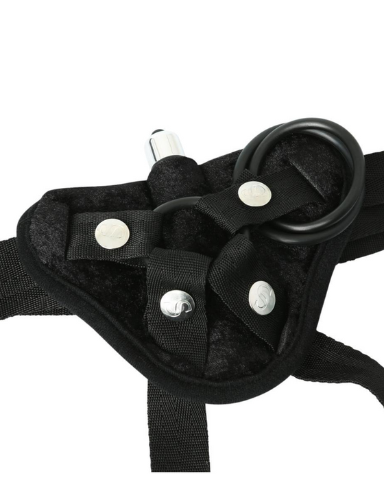 Vibrating Velvet Strap On Harness by Sportsheets close up