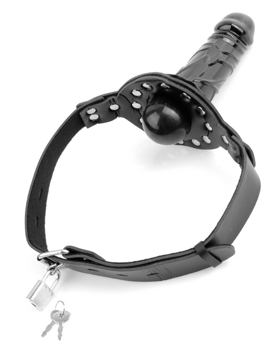 Fetish Fantasy Series Deluxe Ball Gag with Dildo showing the inside of the gag and the lock