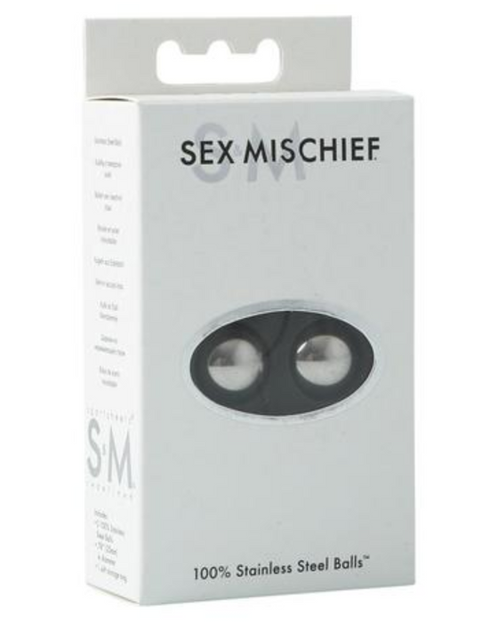 A product packaging for Sportsheets' "Sex & Mischief Steel Kegel Balls," intended for strengthening pelvic floor muscles and adult use.