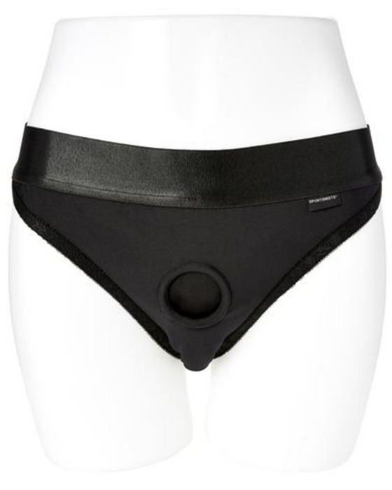 Em. Ex. Silhouette (Crotchless) Strap-On Harness Brief - Black - Small to XXXL front view on a mannequin