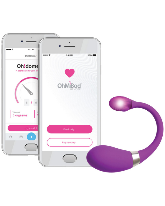 Ohmibod Esca 2 Interactive Bluetooth Internal G-Spot Vibrator with a smart phone displaying the app