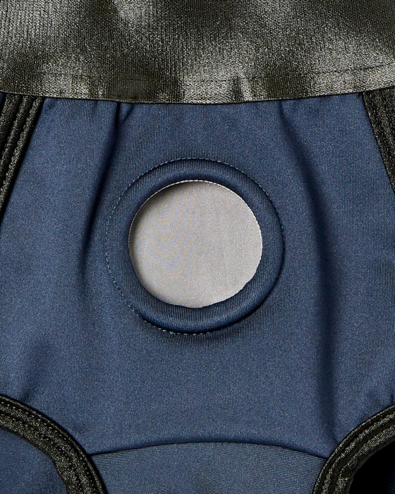 Em. Ex. Fit Strap-On Harness Brief - Navy Blue Small to XXXL front view close up of the o-ring