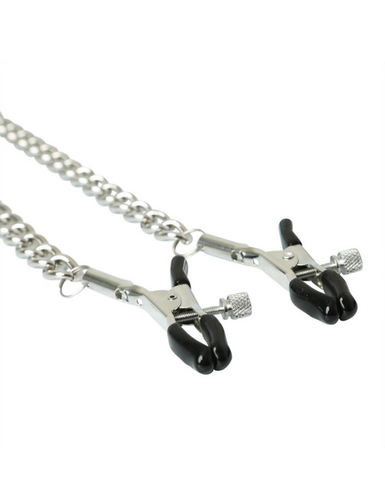 Vegan Leather Collar with Nipple Clamps by Sportsheets close up of the clamps