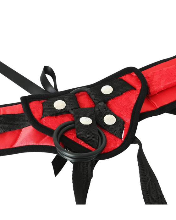 Red Lace Corsette Strap On Harness- One Size Fits Most by Sportsheets close up of front of harness unworn