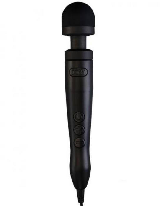 Doxy Number 3 Aluminum Extra Powerful Wand Vibrator - Matte Black against a white background showing the buttons and wand