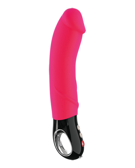 Fun Factory Big Boss Thick Vibrator - Pink side view on a white background showing the shaft curve and looped handle