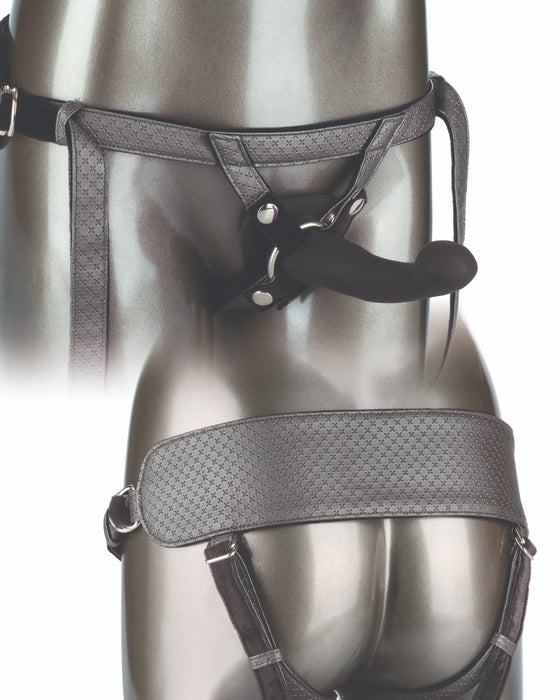 The Royal Vibrating Strap-On Pegging & G-Spot Set - Silver/Black front and back views of the harness