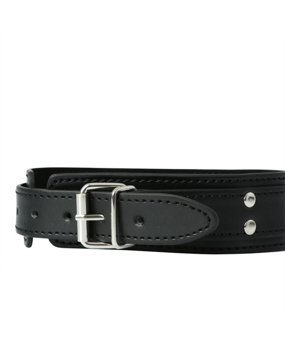 Vegan Leather Collar with Nipple Clamps by Sportsheets close up of the collar buckle