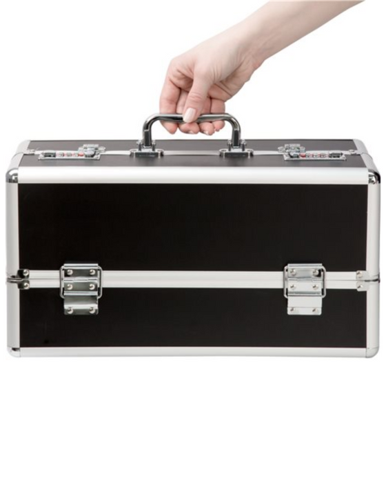 Lockable Sex Toy Storage Case Large Double Tiered - Black with a hand on the handle