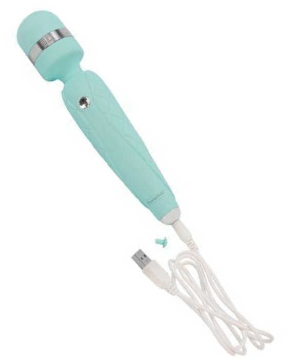 Pillow Talk Cheeky Wand Vibrator - Blue with its charging cord plugged in on a white background