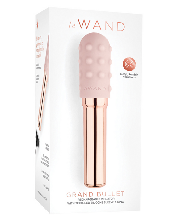 Le Wand Chrome Grand Bullet Waterproof Rechargeable Metal Bullet with Texture Sleeve - Rose Gold box