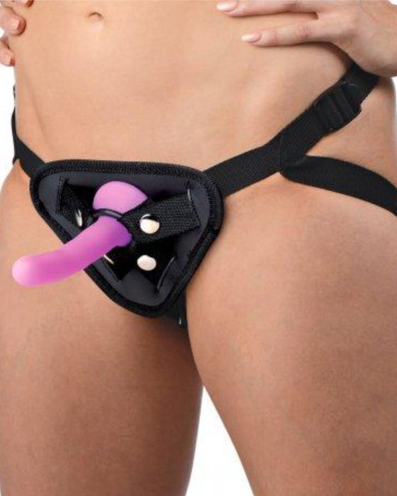 Double-G Deluxe Vibrating Silicone Strap-On Kit - Pink worn on a model