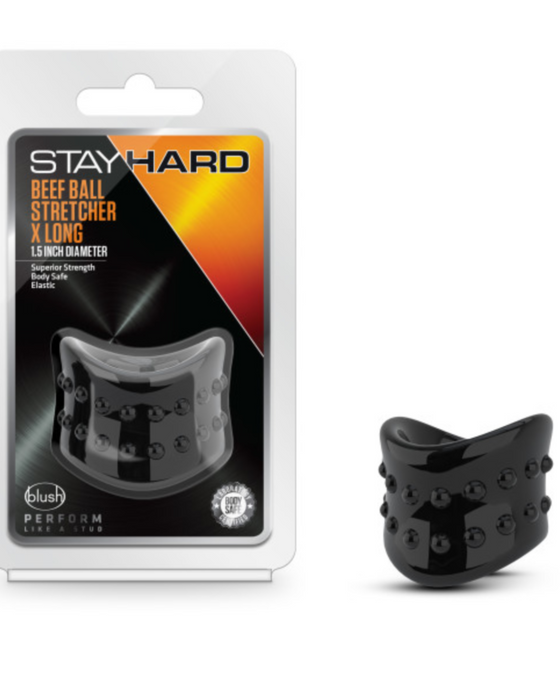 Stay Hard 1.5 Inch X Long Beef Ball Stretcher Snug Ring with package