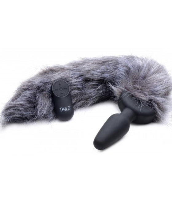 Tailz Remote Control Vibrating Grey Fox Tail Anal Plug up close of tail 