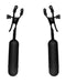 Two black Fetish Fantasy Cordless Vibrating Adjustable Nipple Clamps by Pipedream Products standing upright against a waterproof white background.