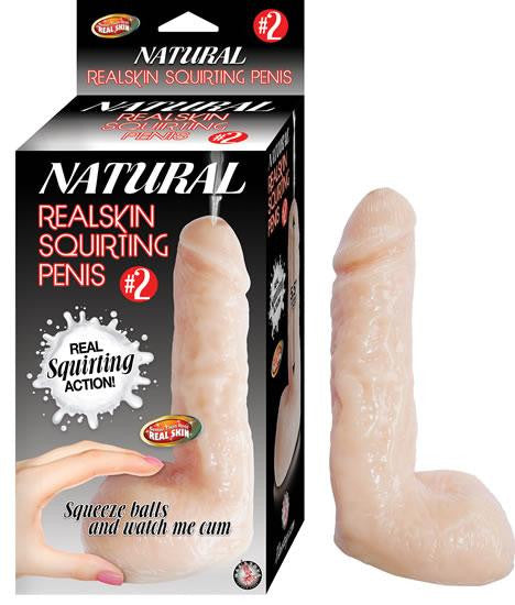 Natural Realskin Squirting Dildo 7 Inch - Vanilla against a white background next to the box