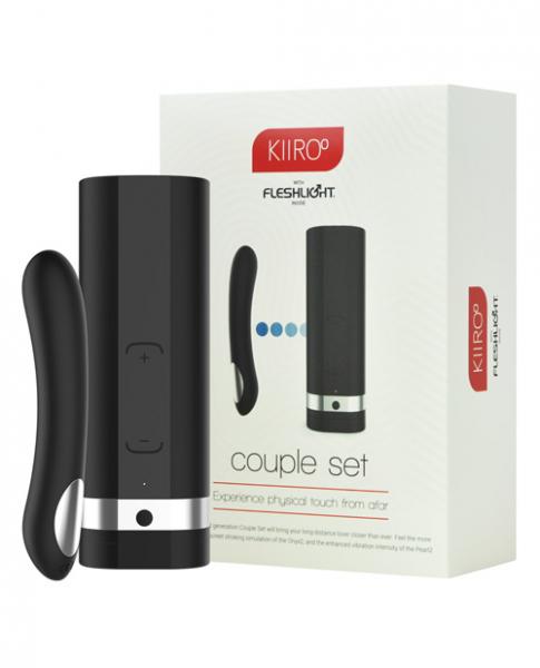 Kiiroo Onyx 2 & Pearl 2 Interactive Couples Set with both toys and the box on a white background