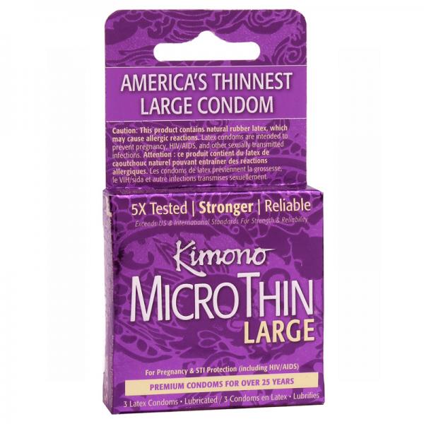 A package of Paradise Marketing's Kimono Micro Thin Large condoms, highlighting its claim as "America's thinner large condom," with indications of being vegan-friendly and offering STD and pregnancy protection.