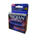 A box of Paradise Marketing Trojan Double Ecstasy 3 Pack Latex Condoms with product features listed, such as "feels nothing inside for him" and "ultrasmooth lubricant outside for her.