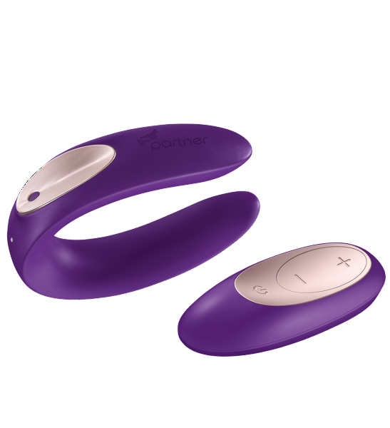Satisfyer Partner Plus Remote Wearable Couple's Vibrator  against a white background with the vibe and controller