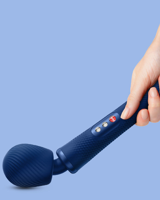 Fun Factory Vim Flexible Wand Vibrator - Blue showing flexible neck held in model's hand 