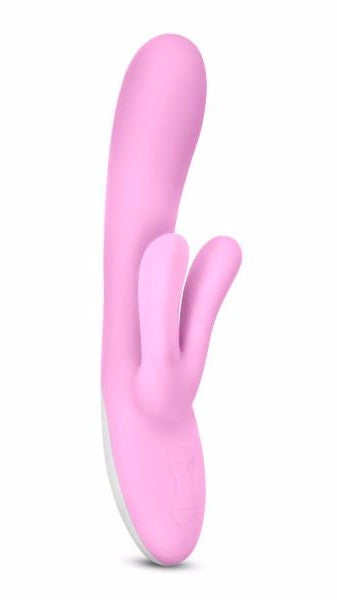 Hop Lola Bunny Silicone Dual Stimulation Rabbit Vibrator by Blush Novelties  pink  against a white background with a side view of the shaft