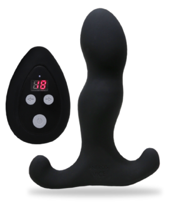 Aneros Vice 2 Vibrating Remote Control Prostate Stimulator on white background wtih remote