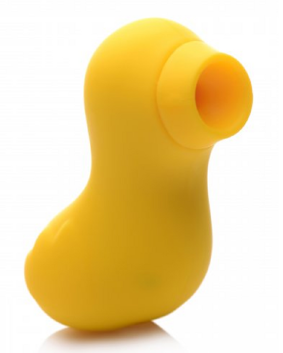 Sucky Ducky Silicone Clitoral Sucker - Yellow angled side view showing the clitoral entrance