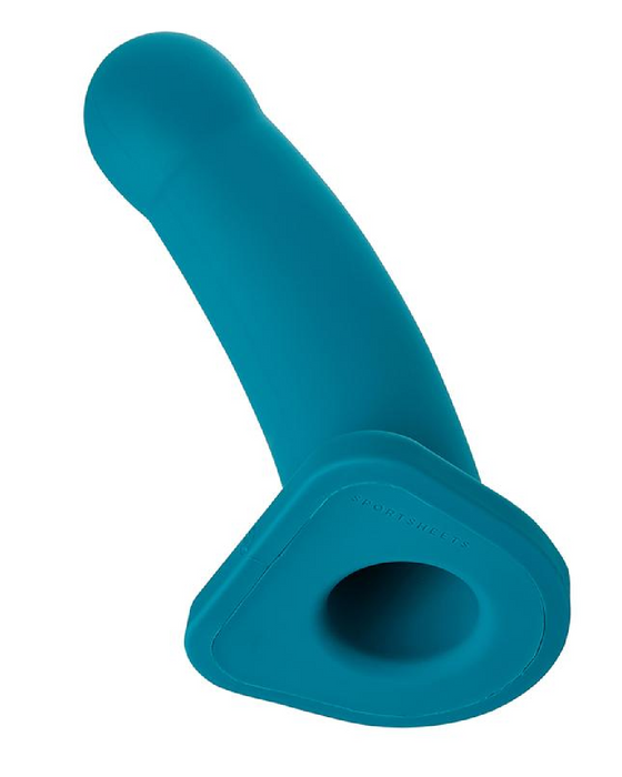 Nexus Lennox 8 Inch Hollow Vibrating Silicone Sheath Dildo - Emerald tilted to show the hollow base
