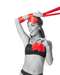 Sex & Side view of model wearing Mischief Amor Beginner Red Bondage Kit