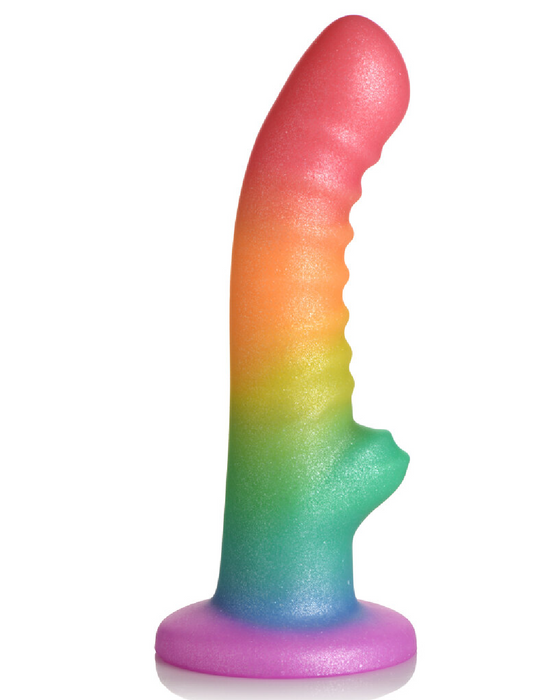 Simply Sweet 6.5 Inch Ribbed Silicone Rainbow Dildo upright 