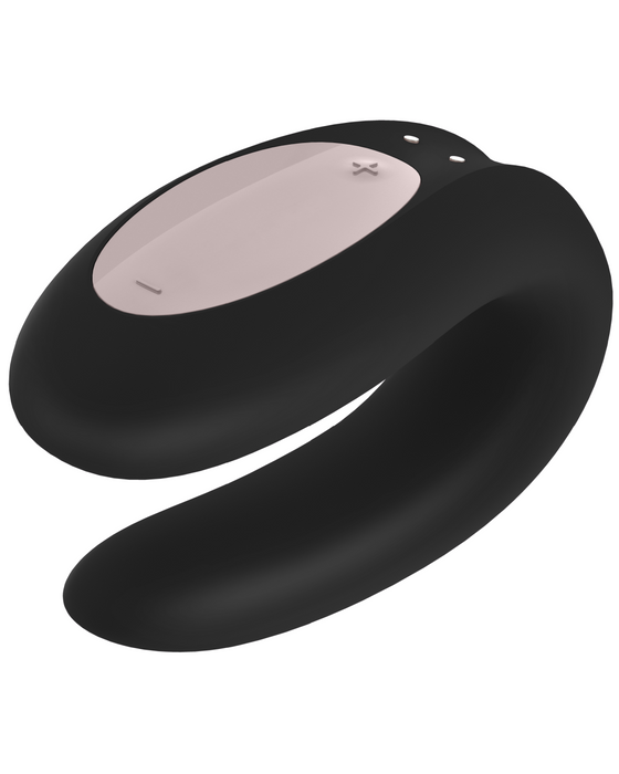 Double Joy Wearable App Controlled Couples Vibrator side view of the internal and external ends plus buttons on the top