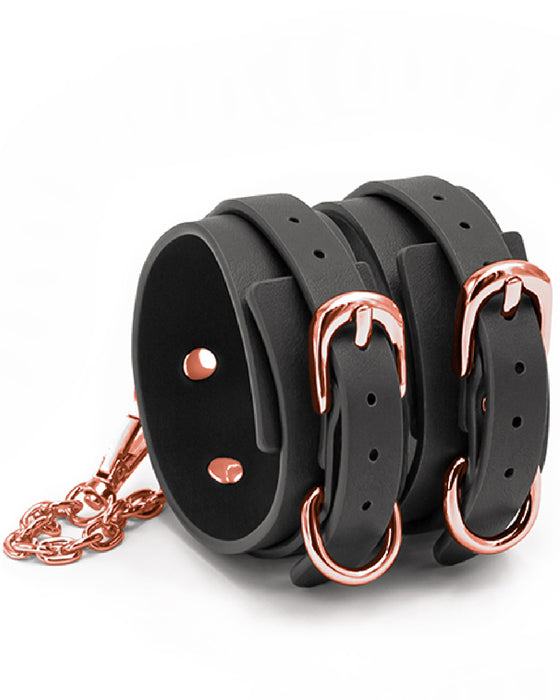 Bondage Couture Vegan Leather Ankle Cuffs - Black on white background 
