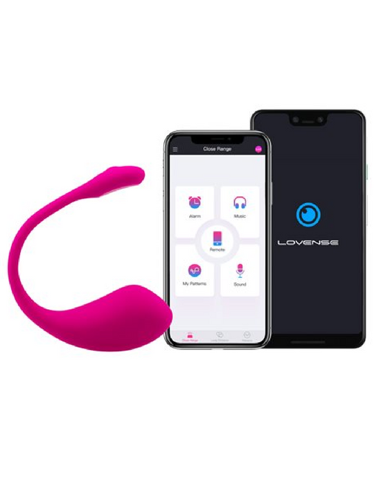 Lovense Lush 2 Sound Activated Bluetooth Wearable Vibrator on a white background with a smart phone showing the app