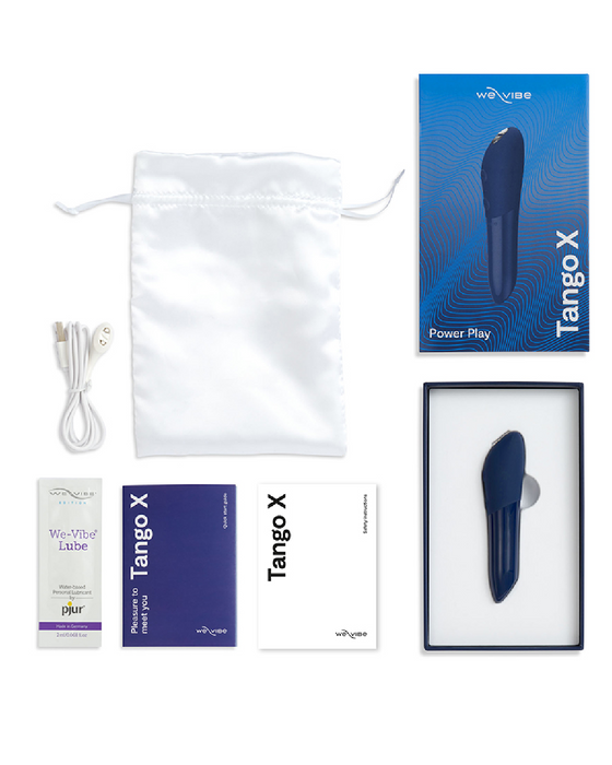 We-Vibe Tango X Powerful Bullet Vibrator -Midnight blue with the package and its contents - cord, storage bag, lube and manual