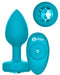 B-vibe Vibrating Jewel Anal Plug S/M - Aqua with remote and jeweled end on white background 