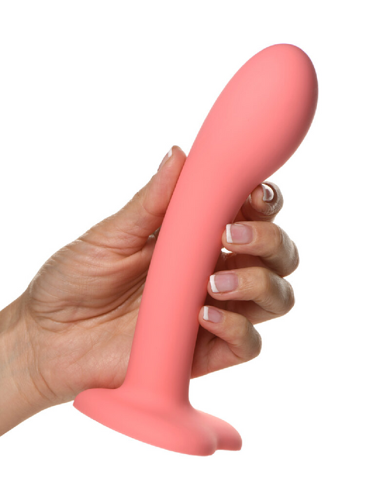 Simply Sweet 7 Inch Slim G-Spot Dildo with Heart Base - Pink in hand 