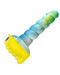 A colorful, spiral-shaped dog chew toy with a textured surface designed for grind stimulation, isolated on a white background. 
Product: Bananapants Honeybunch Textured Dildo Base with Vibrator Pocket for Harness Play - Yellow