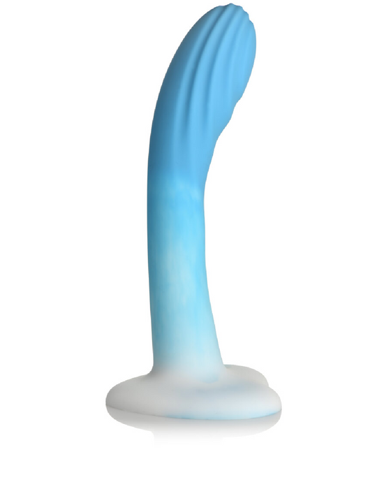 Simply Sweet 7 Inch Rippled Dildo with Heart Base - Blue upright on white background 