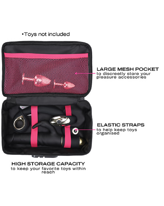 Dorcel Lockable Discreet Storage Box showing interior with mesh pocket and elastics around toys 